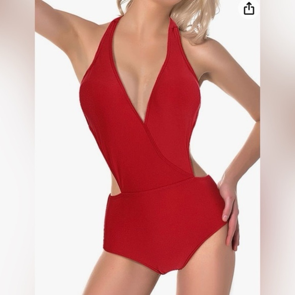 Red Halter One-Piece Open Back High Waisted Summer Swimsuit Size Medium 8/10